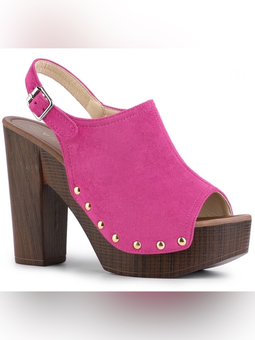 Allegra K Fuchsia Suede Platform Slingback Heels with Gold Studs